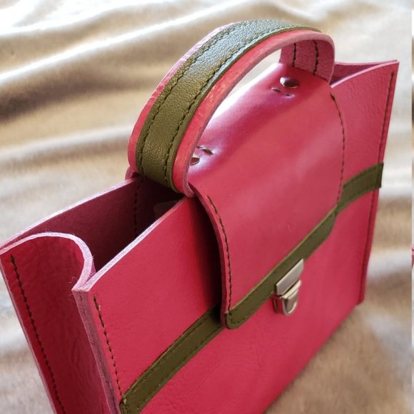 Pink and Olive Green Leather Top Handle Handbag - Picture 5 of 7